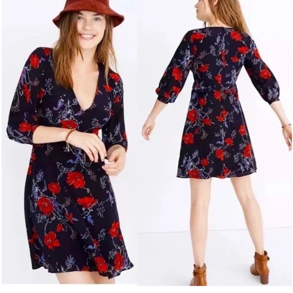Madewell 6P Floral V-Neck Dress - Black and Red
